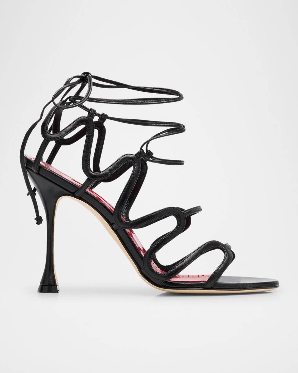 Caged Leather Ankle-Tie Sandals